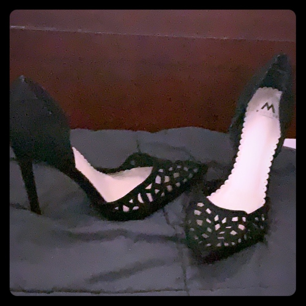 Just fab black suede laser cut black high heels